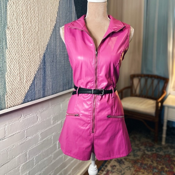 Fashion Nova Pants - NWT Fashion Nova Pink Pleather Zip Up Romper